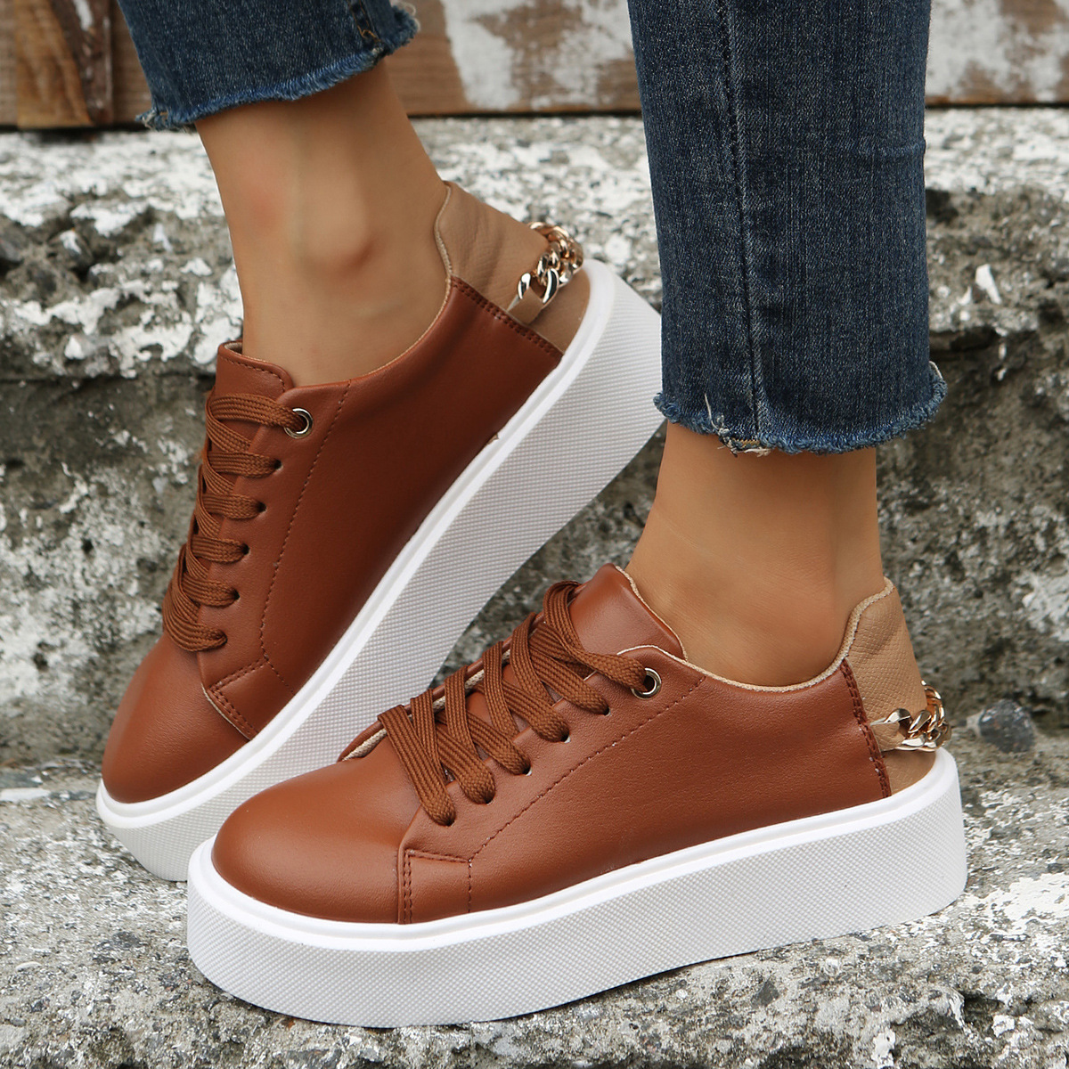 Zapatillas planas con cordones y cadena, zapatillas deportivas casuales…